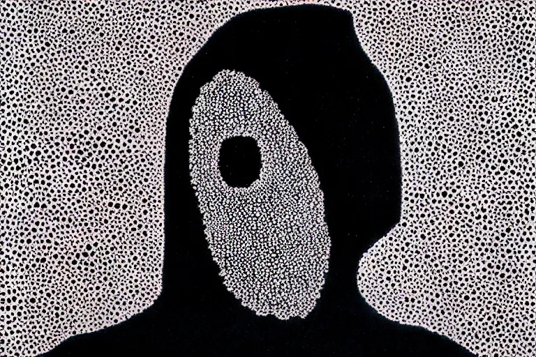 Image similar to face made out of planet, faceless people dark, dots, drip, stipple, pointillism, technical, abstract, minimal, style of francis bacon, asymmetry, pulled apart, cloak, hooded figure, made of dots, abstract, balaclava