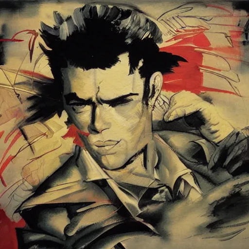 Image similar to corto maltese dreaming about valparaiso and tango, oil on canvas by dave mckean and yoji shinkawa