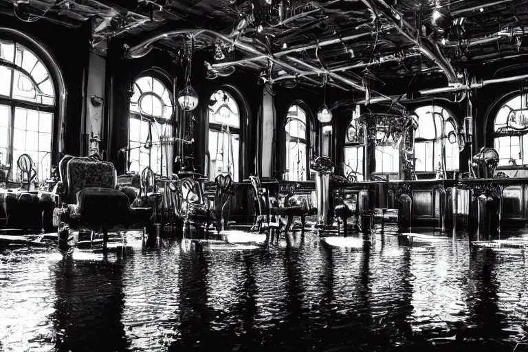 Image similar to steampunk ballroom flooding, filling up with water, black and white photograph