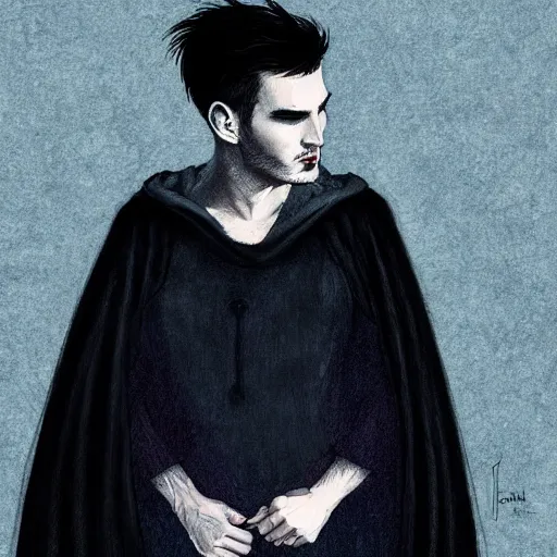 Image similar to well - shaven tom sturridge, black outfit, cape, in the style of tom bagshaw, sandman, misty endless dream cinematic background, netflix sandman