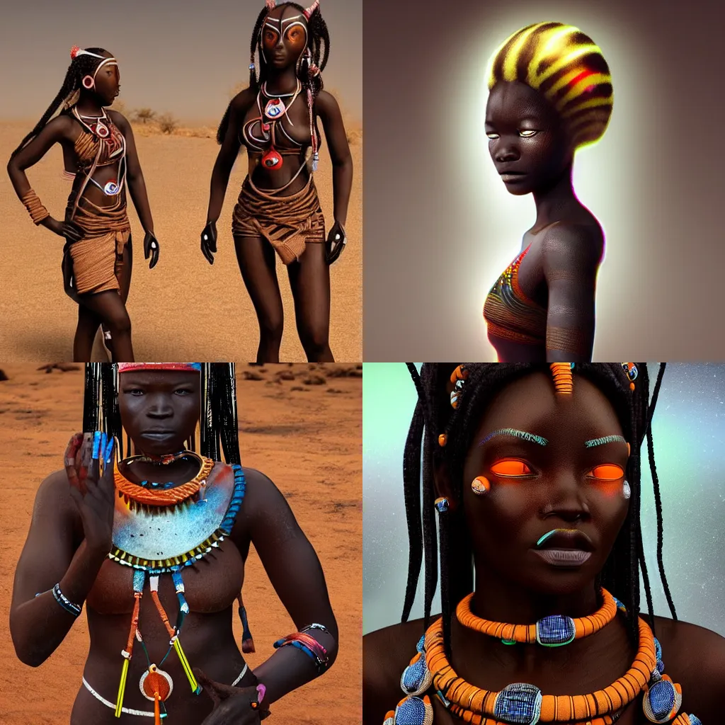 Prompt: beautiful himba women, otjize, glowing spacesuit, himba hairstyle, led details, robotic arms, hyperrealistic, scifi, concept art, stylized, dark, muted colors
