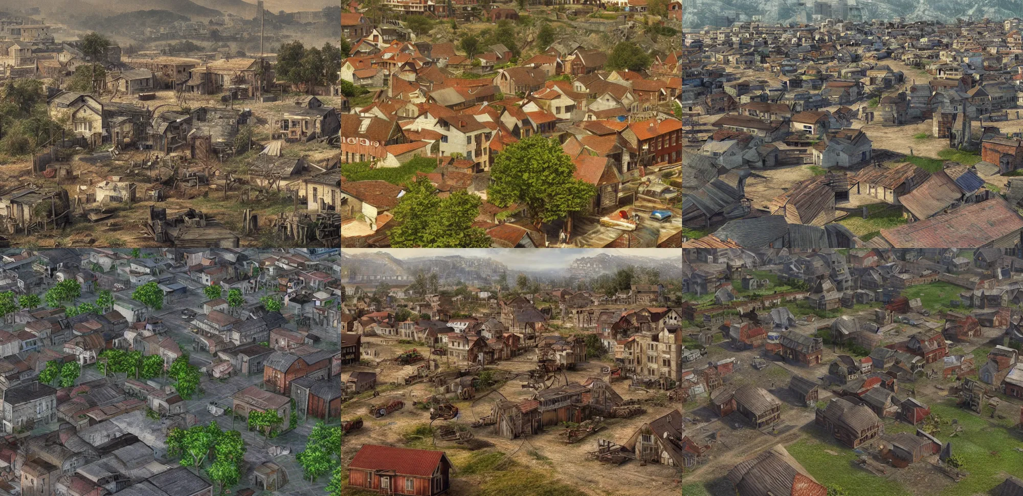 Prompt: realistic photo of a town, settlement, buildings, detailed scenery