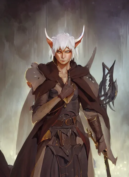 Prompt: concept art painting of an elf with brown skin and short white hair, demon horns, blue tunic and robes, detailed, d & d style, cel shaded, in the style of ruan jia and artgerm and makoto shinkai and james gurney