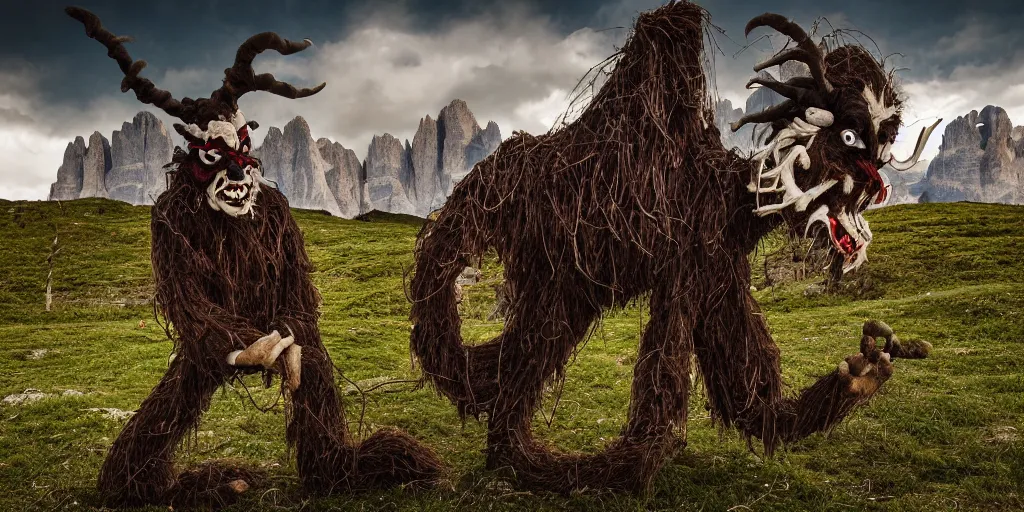 Prompt: historical sharp 4 k photograph of a tyrolean farmer turning into a krampus hay monster with goathorns and roots growing from his face, dolomites in the background, dark, eerie, grainy