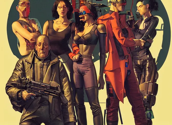 Image similar to cyberpunk heist crew. portrait by stonehouse and mœbius and will eisner and gil elvgren and pixar. character design. realistic proportions. dystopian. cyberpunk 2 0 7 7, apex, blade runner 2 0 4 9 concept art. cel shading. attractive face. thick lines.