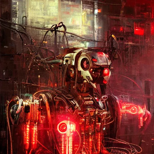 Prompt: robot cyborg hyena, many wires and neon lights exposed, metal and glowing eyes, highly detailed painting by jeremy mann