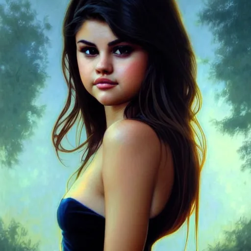 Prompt: beautiful portrait of selena gomez, natural beauty expressive pose, fantasy, intricate, elegant, highly detailed, digital painting, artstation, concept art, smooth, sharp focus, illustration, art by artgerm and greg rutkowski and alphonse mucha, cinematic soft lighting, fashion glamour photography