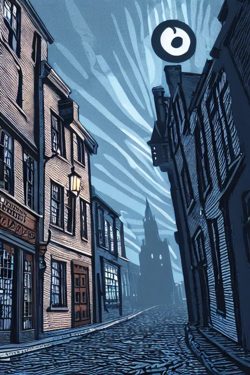 Image similar to a beautiful linocut print of diagon alley, 8 k, frostbite 3 engine, cryengine, dof, trending on artstation, digital art, crepuscular ray, art by fossi _ images and tugboat printshop