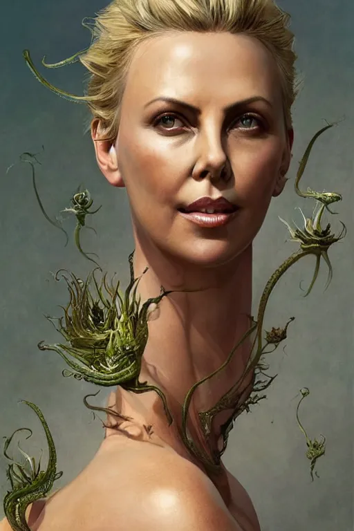 Image similar to Portrait of Charlize Theron as Venus flytrap, intricate, highly detailed, smooth, artstation, digital illustration by Ruan Jia and Mandy Jurgens and Artgerm and Wayne Barlowe and Greg Rutkowski and Zdislav Beksinski