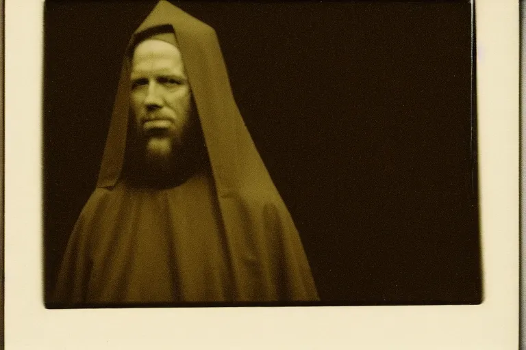 Image similar to dark old polaroid of an medieval religious leader, with a weird religious symbol, wide angle