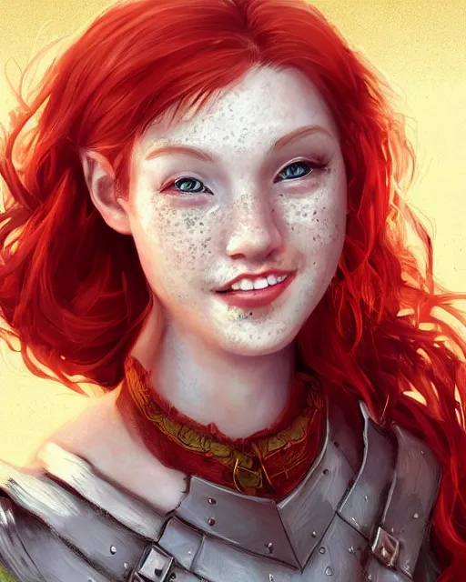 Prompt: fantasy portrait of a happy young women looking with red hair and freckles, slight smile, renaissance colorful dress, leather armor, music instrument in hand, backlit, digital painting, photoshop Artstation, sfw