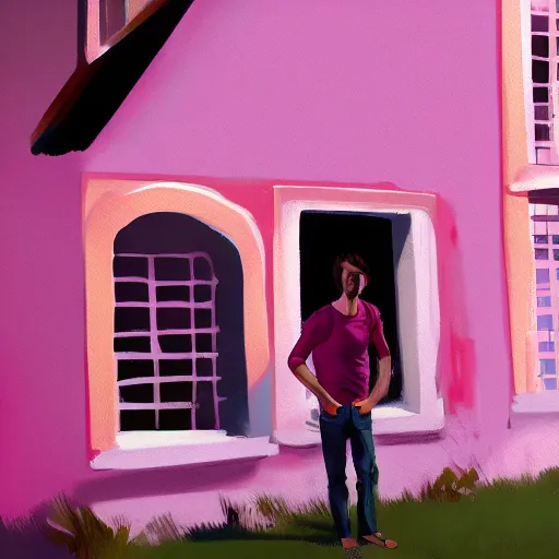 Image similar to concept art, young man in pink shirt standing by french windows, artstation