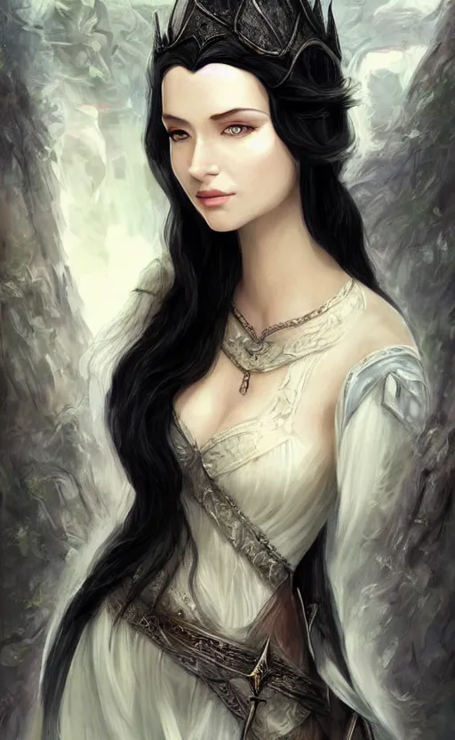 Image similar to luthien, princess of doriath, fairest maiden to have ever lived, stunningly beautiful, black hair, elven, beautiful eyes, portrait, artstation, wonderful lighning