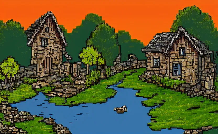 Prompt: a medieval stone house near a river at sunset, pixel art style, HD, cartoon, high quality, sun reflection on the water, beautiful