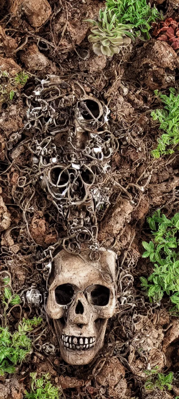 Prompt: award winning photo of robot skull rusty and filled with plants, stunning, 4 k, detailed, top - down, realistic