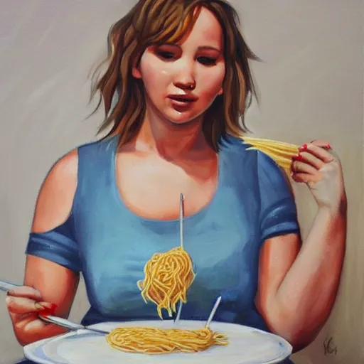 Image similar to fat jennifer lawrence eating spaghetti, painting,