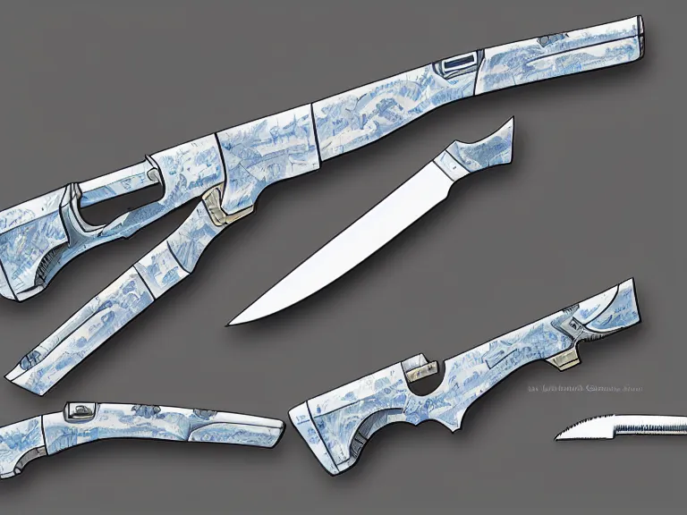 Image similar to blue prints, concept art of a gun and a knife combination.