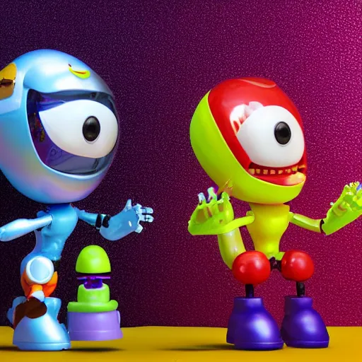 Prompt: single crazy melting plastic toy Pop Figure Robot, C4d, by pixar, by dreamworks, in a Studio hollow, by jeff koons, by david lachapelle