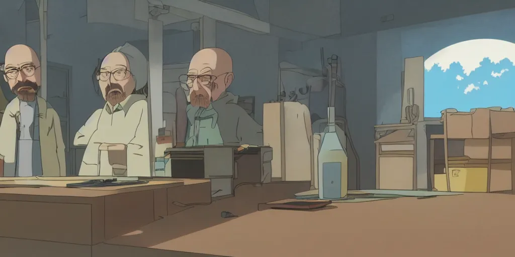 Image similar to walter white in a studio ghibli movie, movie still frame, anime art style, studio ghibli, 4 k, 8 k