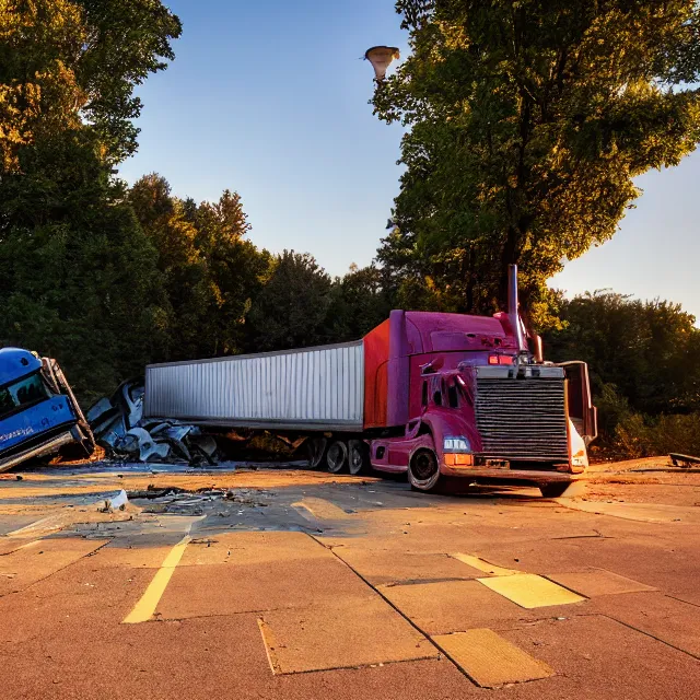 Image similar to semi truck crashing though a stone wall into an empty playground, security camera, photo, photorealistic, golden hour