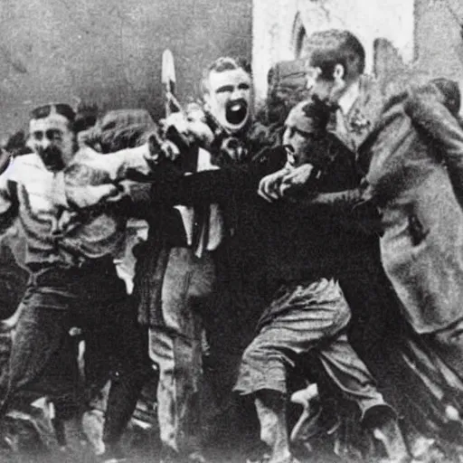 Prompt: a 1 9 3 0 s newspaper photo of a vampire attacking a group of people outside a church