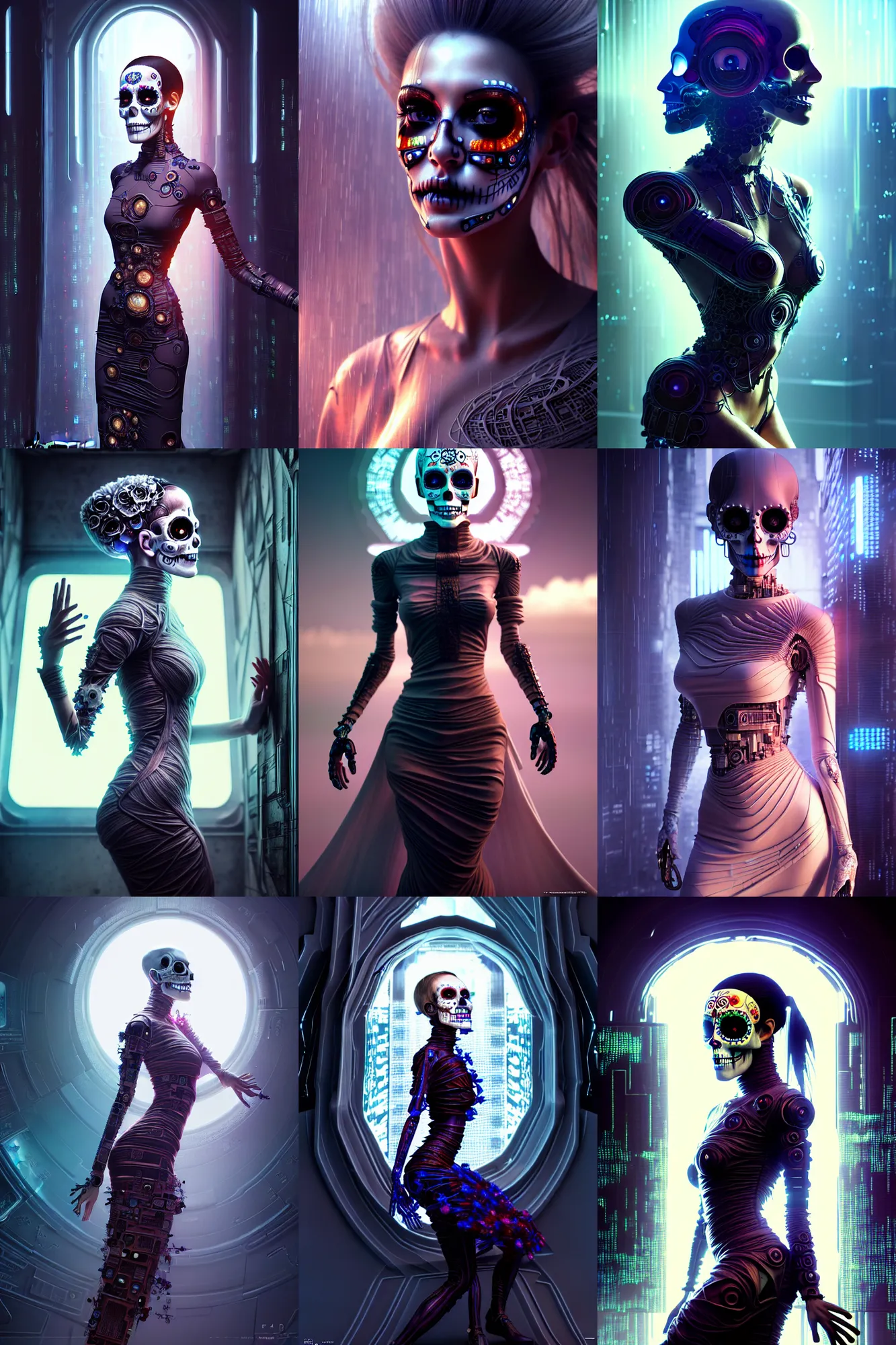 Prompt: crying! android! woman, fractal dress, octane render, emotional, fantasy, manga, concept art, pose, photorealistic, cyberpunk, cover shot, intricate detailed environment. vogue, ( ( ( el dia los muertos ) ) ), 8 k, hd. by terry o'neill and artgerm and wlop and loish and rutkowski and mucha