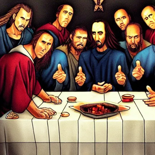 Image similar to nic cage in the last supper as painted by akira toriyama