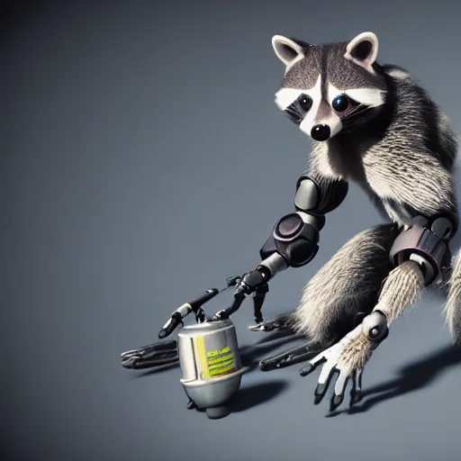 Prompt: a robot racoon, octane render, realistic