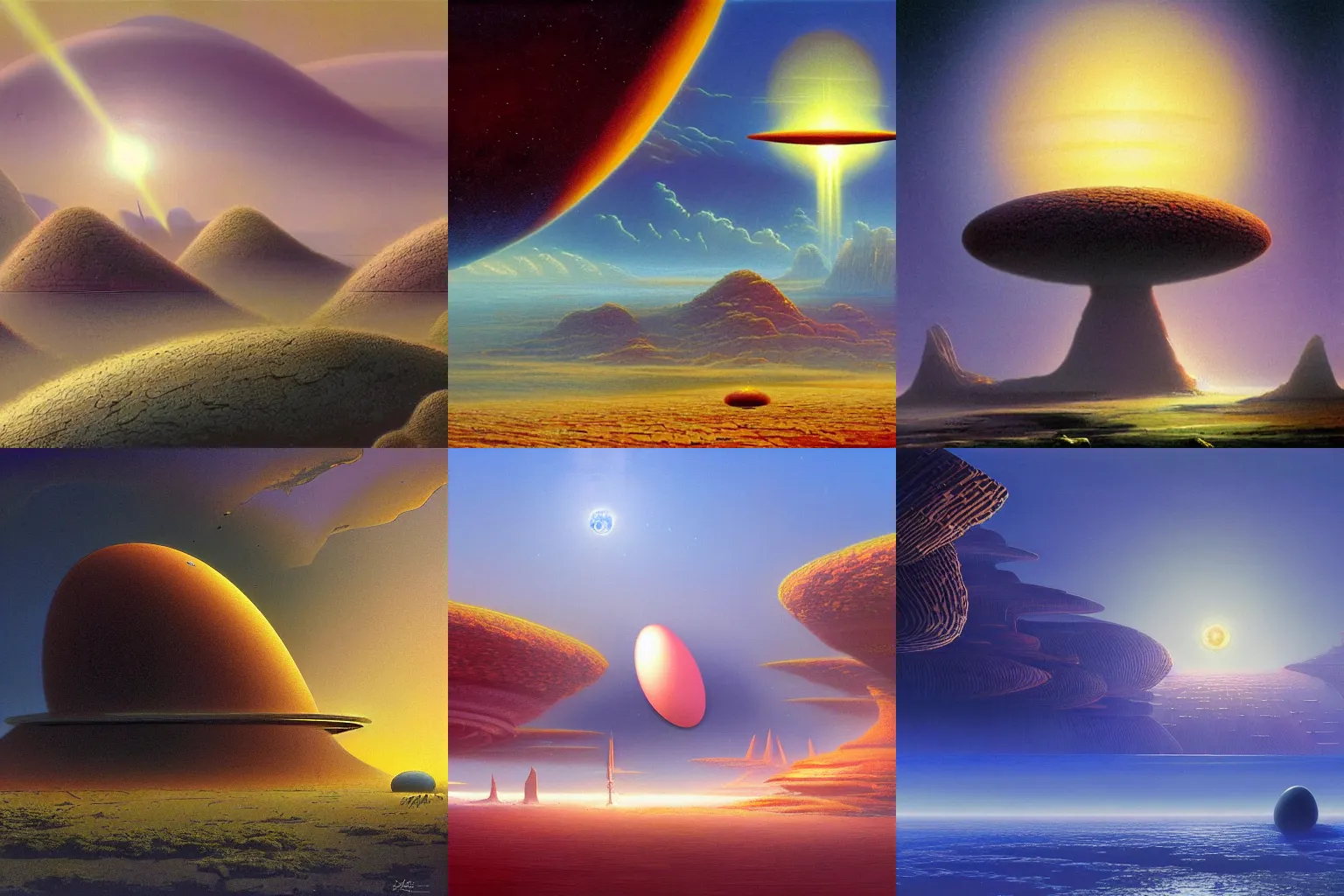 Prompt: Digital painting of an extraterrestrial landscape with a futuristic egg-building in the distance by Bruce Pennington