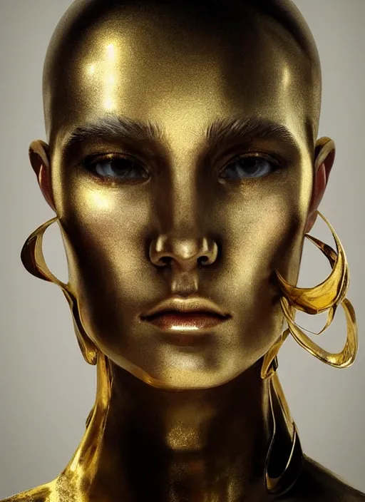 Image similar to sculpture made of gold, portrait, future, shaman, gold, close up, harper's bazaar, vogue, magazine, concept art, ornate, luxury, elite, elegant, trending on artstation, by ruan jia, by Kenneth Willardt, by ross tran, by WLOP, by Andrei Riabovitchev,