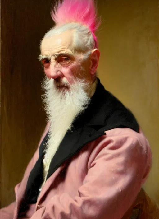 Image similar to a portrait of old man with a long pink mohawk by edouard bisson, punk rock, oil painting, muted colours, soft lighting