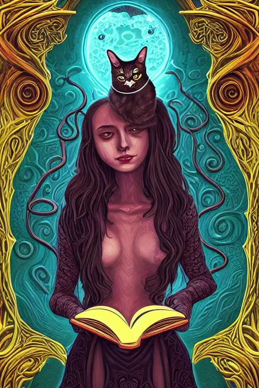 Image similar to ai illustration of romantic girl, her cat and her book of necronomicon, symmetrical, cinematic, sharp focus, 4 k, ultra hd, sense of awe, sinister demonic atmosphere, dreadful, forbidden knowledge, old gods, cthulhu, yog - sothoth! yah, yah, yah! cultist journal cover