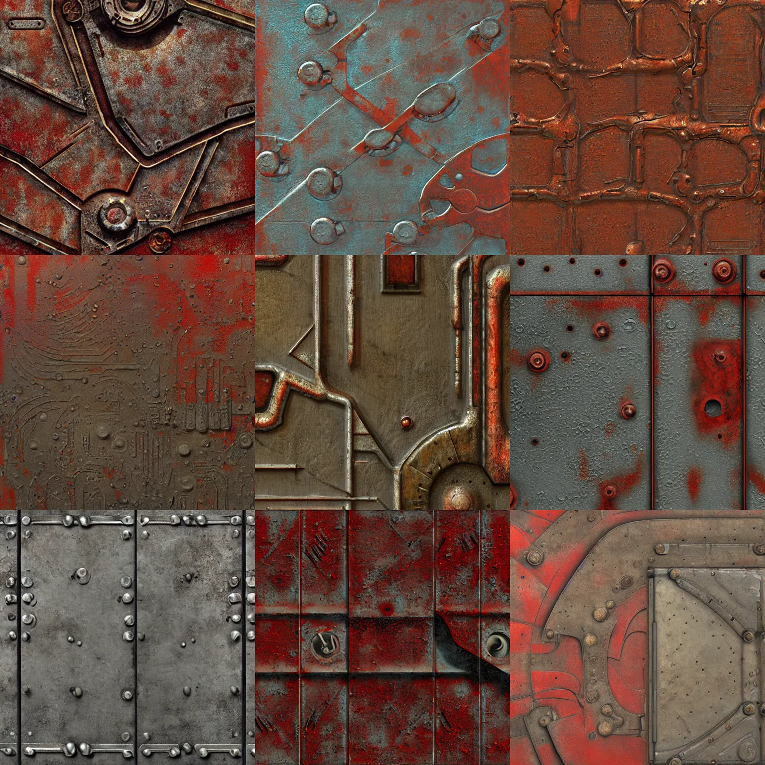 Prompt: scifi, giger, flat panels, rivets, cut lines, organic, diffuse texture, dull red flaking paint, bright rusty metal wall seamless game texture, by dean cornwell, nc wyeth, painterly, 4 k, textures. com, high resolution, paintchips