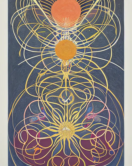 Prompt: blossoming rhythm, imperil, by hilma af klint, moebius, victo ngai, laurie greasly