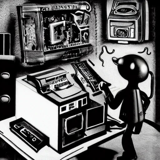 Image similar to a black and white photograph of a man destroying a computer until it sparks, by gary baseman, by robert crumb, by jim henson, photorealistic, surreal, high contrast, film photography