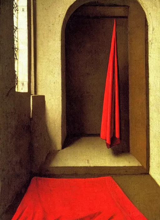 Image similar to red cloth on the floor, medieval painting by jan van eyck, johannes vermeer, florence