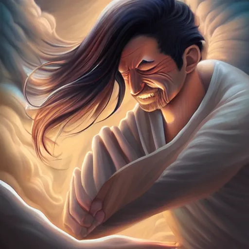 Prompt: a man breaking apart into particles blowing away in the wind, by cyril rolando, detailed, small details,