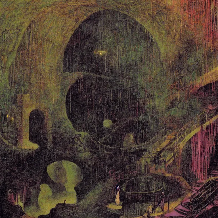 Image similar to a misty sunday morning in the underworld, by mordecai ardon and wayne barlowe (art nouveau diorama)