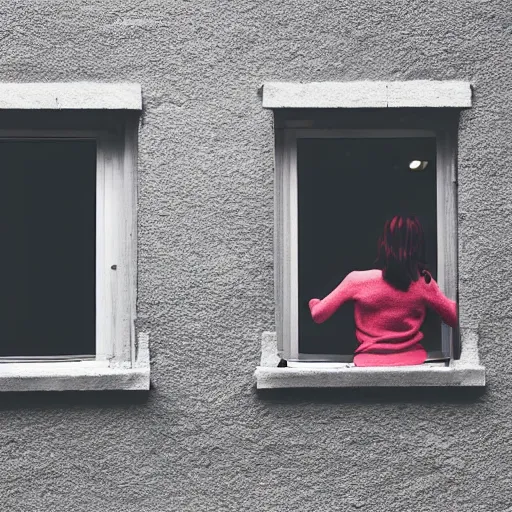 Image similar to a woman sitting on a window sill looking forward out the window, face in hands, grey sweater, a stock photo by chen jiru, tumblr, aestheticism, movie still, pretty, pixiv