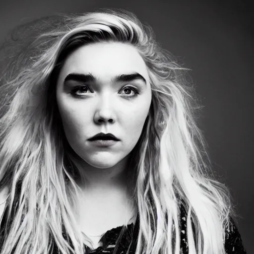 Image similar to Portrait of Florence Pugh, scene, emo, goth, mullet