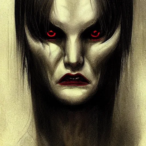 Image similar to concept drawing, demon possessed character, male. hair in a bob cut, left black, right white. demon noticeable by'extra eyes '!!, dark aura, cold look. made by karol bak