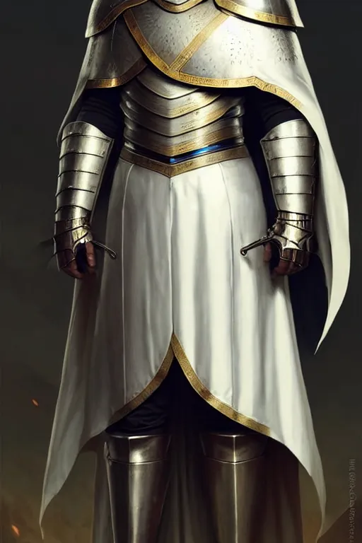 Prompt: white man looking forward in decorated plate armor, cylindrical crusader great helm covering all his head and white silk cape covering his elbows drawn by greg rutkowski realistic high detail