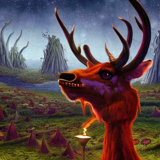 Image similar to 4 k headshot portrait of a psychedelic demonic anthropomorphic deer - horned wendigo smoking a hand - rolled cigarette smoking heavily, magic mushroom village in background. award winning. superb resolution. in the art style of junji ito and greg rutkowski. detailed mushroom city in background. hyper realistic anime. perfect art. dalle 2