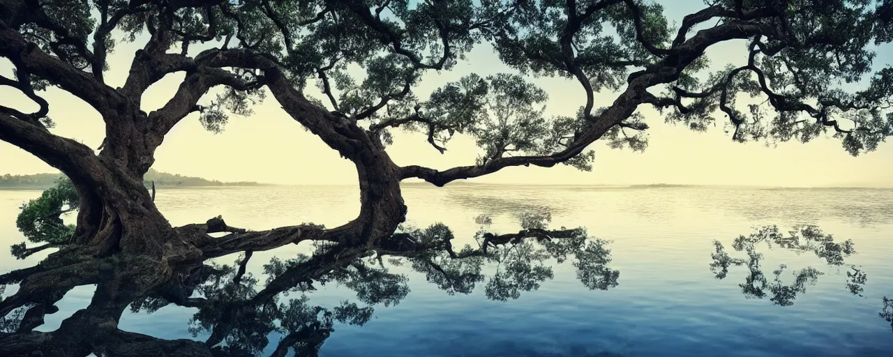 Prompt: spectacular ancient landscape of huge trees with curly branches, on the edge of the beautiful lake. morning time an amazingly beautiful scene.