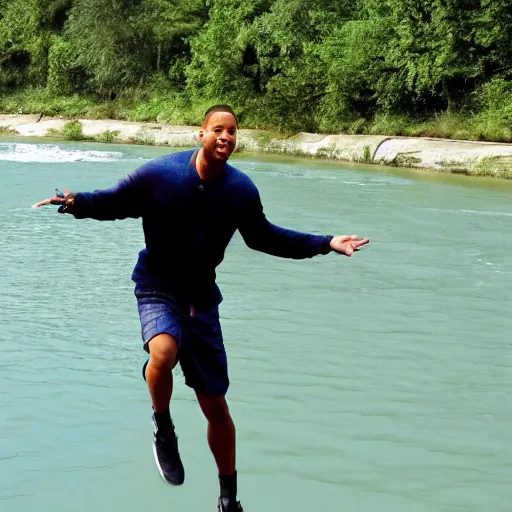 Prompt: will smith skipping over a river