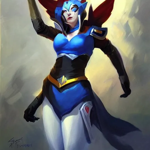 Image similar to greg manchess portrait painting of partially armored ahri from league of legends as overwatch character, medium shot, asymmetrical, profile picture, ambient occlusion, organic painting, sunny day, matte painting, bold shapes, hard edges, street art