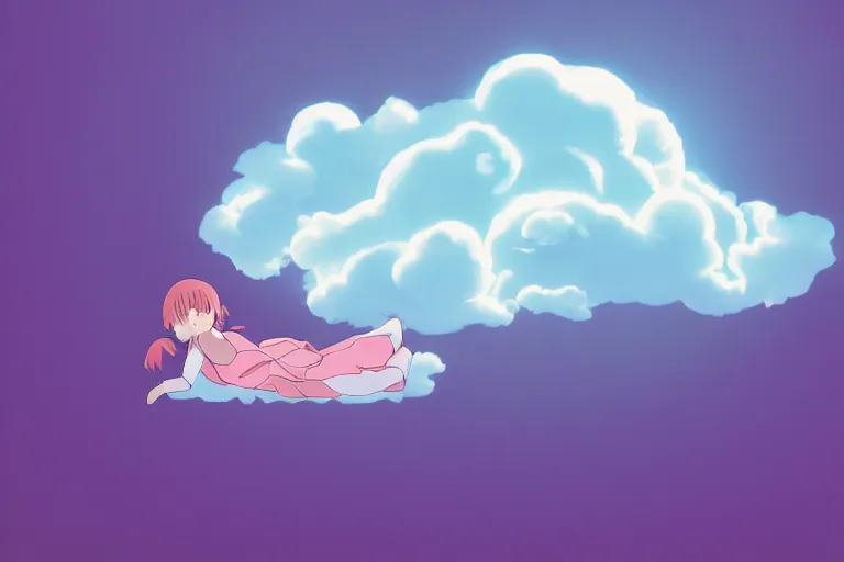 Image similar to a cute anime girl sleeping on a cloud, misty, glows, by studio ghibli, anime, hazy, foggy, ambient lighting, 8 k, neon, synthwave,