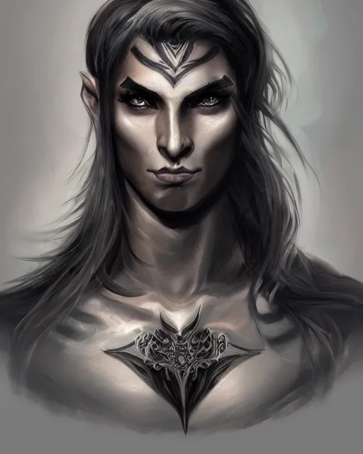 Image similar to portrait of a feminine male dark elf, dark obsidian skin, white tatoo, long hair, fantasy, elegant, intricate, highly detailed, digital painting, artstation, concept art, sharp focus, illustration