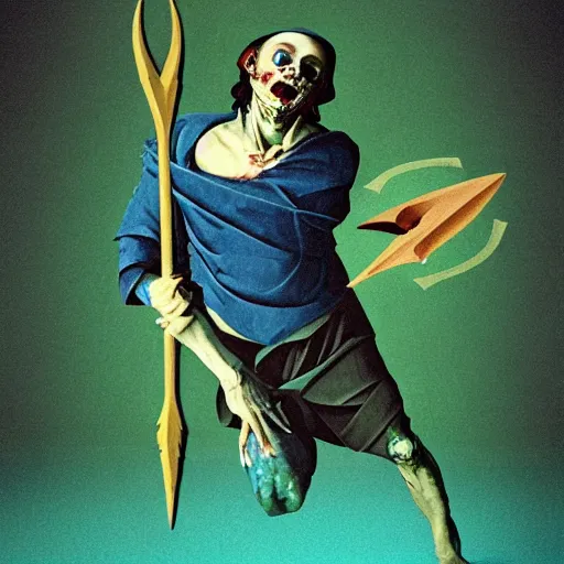 Image similar to low poly painting by caravaggio of a drowned zombie holding a trident with glowing cyan eyes, wearing ragged clothing, holding a trident, underwater, pastel green and blue color palette, low poly