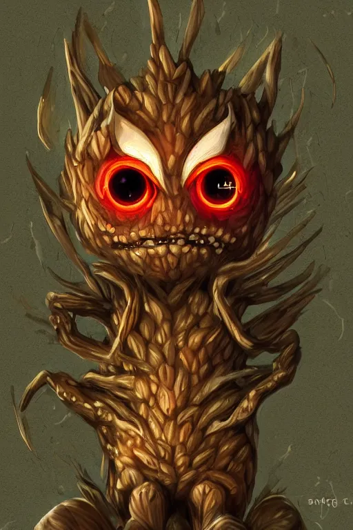 Image similar to a humanoid figure acorn monster with large glowing eyes, highly detailed, digital art, sharp focus, trending on art station, oak leaves, anime art style